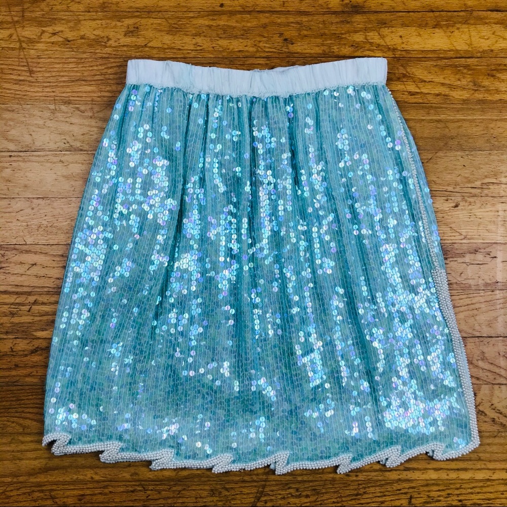 1980s Teal Silk and Sequin High Waist Skirt